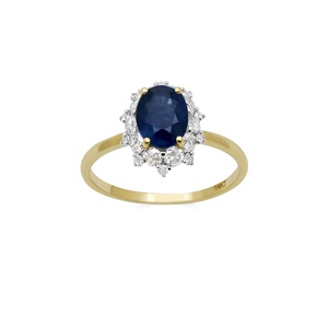 Bague de fiançailles en or jaune massif 14 carats avec saphir bleu ovale et halo floral de diamants, bijoux fins, vente en gros, bague en pierres précieuses pour femme, cadeau - Product Image 1