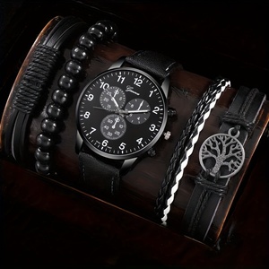 192014 Men's Casual Quartz <b>Watch</b> & <b>Black</b> Life Tree Hand Rope Set, Ideal Choice for Gifts - Product Image 1