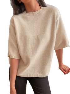 Pull ample pour femme couleur abricot à manches trois-quarts, tricot côtelé personnalisé, style vintage, 100 % coton, logo frontal - Product Image 4