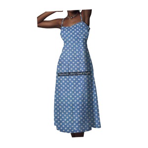 New Eco-Friendly 100% Cotton Spaghetti Strap <b>Dress</b> Floral Block Print Style Spaghetti Strap <b>Dress</b> Casual Party Wear Sleeveless - Product Image 1