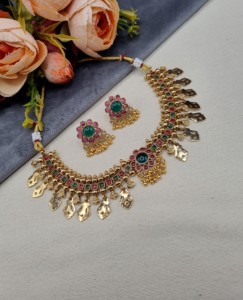 Flower Motif South Indian Necklace <b>Set</b> With Earrings <b>Gold</b> Plated Temple <b>Jewellery</b> <b>Set</b> Festive Wear Artificial <b>Jewellery</b> Supplier - Product Image 4