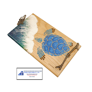 Plateau de service en bois Thanh Tung Thinh avec incrustation en résine bleue, poignées en métal, design moderne, fabriqué au Vietnam - Product Image 2