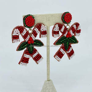 Candy Cane Beaded <b>Earrings</b> Handmade Holiday Dangle Jewelry Christmas Statement <b>Earrings</b> for Women - Product Image 4