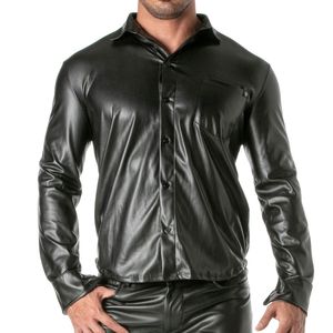 Camisa de manga larga estilo cuero negro para hombre, corte ajustado, estilo fetish, ropa de club, top de moda. - Product Image 3