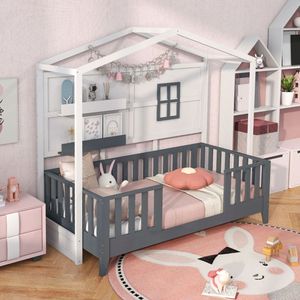Letto a castello in legno Montessori con 2 mensole e sponde di sicurezza, letto a terra per bambini - Product Image 3