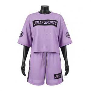 Conjunto de pantalones cortos de malla para mujer, tela de malla de poliéster transpirable, panel lateral con logo personalizado por transferencia térmica, conjuntos para mujer 100% algodón - Product Image 6