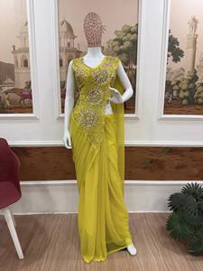 Encantador Sari de Georgette con Bordado, Choli Cosido, Pre-Drapeado, Conjunto de Una Pieza para Mujer, Atuendo para Fiesta de Boda India - Product Image 1