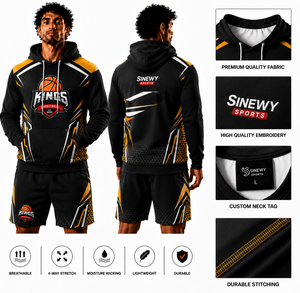Sweat à capuche de basketball SINEWY pour homme, imprimé par sublimation, noir et orange, coupe classique, respirant, en polyester tricoté, vêtements de sport - Product Image 1