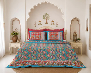 Juego de Sábanas de Algodón con Estampado Floral Blanco Hecho en India, con 2 Fundas de Almohada, Ropa de Cama de Lino Hecha a Mano en Jaipur - Product Image 1