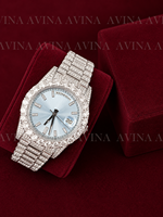 Montre de luxe pour homme sertie de diamants Moissanite, cadran bleu soleil, acier inoxydable, affichage de la date, style Hip Hop