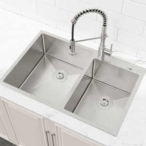 Lavello da cucina a incasso fatto a mano 84x48 cm con doppia vasca e finitura spazzolata (solo lavello) - Product Image 6