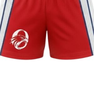 Shorts de netball unisexe rouge et blanc sublimés en polyester léger, uniforme sportif athlétique avec panneau latéral à rayures, tenue de performance - Product Image 6