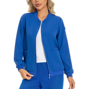 Blouse médicale bleue pour femme en polyester et nylon tricoté micro-extensible, ensemble uniforme d'hôpital avec poches zippées et détection d'aiguilles - Product Image 1