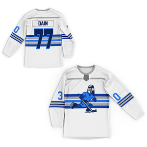 Maillot de hockey imprimé par transfert thermique en polyester respirant, personnalisable avec le nom de l'équipe, unisexe, logo frontal, sangle réglable, col en V, manches courtes - Product Image 3