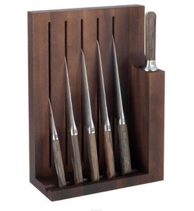 Ensemble de couteaux de cuisine à manche brun avec lame argentée, support vertical en bois brun foncé et aiguiseur pour trancher, hacher et préparer les aliments - Product Image 6