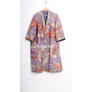 Kimono de Mujer Estilo Kantha, Algodón, Estampado Floral Elegante, Hecho a Mano, Talla Grande, Estilo Boho, Largo hasta la Rodilla, Cuello en V, Cierre con Cordón - Product Image 1
