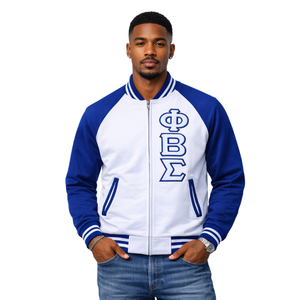 Chaqueta Varsity Blanca de Felpa Phi Beta Sigma, Ropa de Fraternidad Griega con Estilo Universitario Clásico, Calidez y Comodidad Premium - Product Image 1