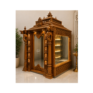 Luxury Handcrafted Traditional Design Durable Hindu Prayer Temple Cabinet Hand Carved Pooja <b>Mandir</b> Elephant Pillars Custom Wood - Product Image 1