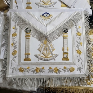 Custom <b>White</b> Masonic <b>Apron</b> with Gold Fringe & Embroidered Symbolic Emblem – Elegant Freemason Ceremonial Regalia Accessory - Product Image 1
