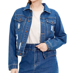 Women's Distressed <b>Denim</b> <b>Jacket</b> <b>Cropped</b> Classic Fit Vintage Style Solid Blue Casual Outerwear Autumn Wear - Product Image 1