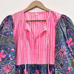 Tunique en coton écologique à imprimé floral fait main, col en V, manches 3/4, ourlet à volants en dentelle, lavable, taille naturelle, style chinoiserie - Product Image 2