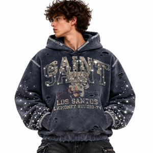 Sweat-shirt à capuche surdimensionné pour homme, style streetwear, vintage, délavé, avec strass et motif Saint - Product Image 1