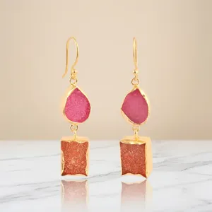 แฟชั่นล่าสุดลูกแพร์และสี่เหลี่ยมผืนผ้ารูปร่างน้ำตาล Druzy ต่างหูหินคู่ชุบทองแขวนห้อยต่างหูห้อยของขวัญสำหรับผู้หญิง - Product Image 2