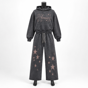 Conjunto de chándal de 2 piezas para mujer: Sudadera con capucha oversize lavada y pantalones de pierna ancha con estampado de estrellas, estilo casual urbano. - Product Image 1