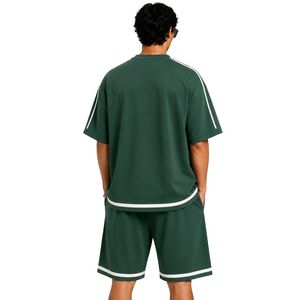 Forest Green Mens Oversized <b>T</b> <b>Shirt</b> And Shorts Set White Contrast Piping Customized Logo Crew Neck Casual Streetwear Wholesale - Product Image 2