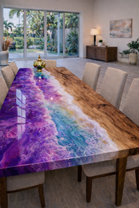 Table de salle à manger en bois massif avec bord naturel et résine époxy, style rivière, luxe moderne, mobilier de conférence - Product Image 3
