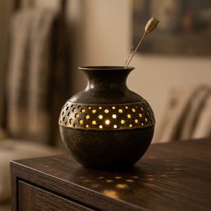 Jarrón de Mesa de Latón Hecho a Mano de 9 cm con Banda Perforada de Latón Antiguo Sitara, Pequeña Decoración para el Hogar con Temática de Hotel y Boda - Product Image 2