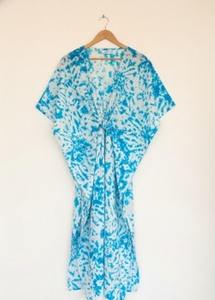 Vestido Kaftán Maxi Corto Tradicional para Mujer, Verano, Ecológico, Hecho a Mano, Cuello en V, Manga Larga, Corte Holgado, Algodón Tie Dye Voile - Product Image 3