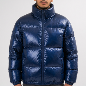 Chaqueta Acolchada Azul para Hombre, Cortavientos, Rellena de Plumón, Abrigo Casual de Invierno, Cuello Alto, Cierre de Cremallera Frontal, Corte Regular, Color Sólido - Product Image 4