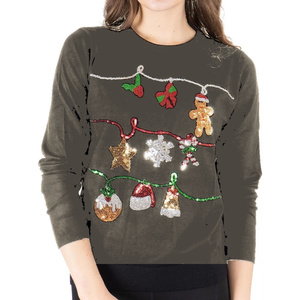 Womens Christmas <b>Sequin</b> Sweater <b>Long</b> <b>Sleeve</b> Holiday Party Pullover Festive Winter Knitwear Cozy Sparkly Ornament <b>Top</b> - Product Image 1
