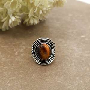Vintage Natural <b>Tiger</b> <b>Eye</b> Bezel Set Statement <b>Ring</b> 925 Silver Plated Adjustable Band Antique Boho Ethnic Handmade Daily Wear - Product Image 1