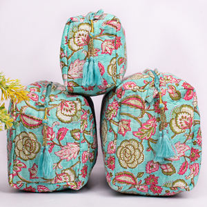 Sacs à maquillage de luxe unisexes en coton à imprimé floral, grande capacité, tendance, portables pour les voyages, pochette cosmétique réutilisable avec cordon de serrage - Product Image 2