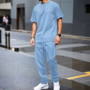 Ensemble de costume en tricot pour homme, 2 pièces, coupe ajustée, décontracté, été, col rond, impression personnalisée, couleur personnalisée, impression numérique - Product Image 1