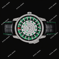 Montre de luxe pour homme Green Roulette Diamond avec bracelet en cuir, cadran en cristal serti de diamants, accessoire de mode et de joaillerie