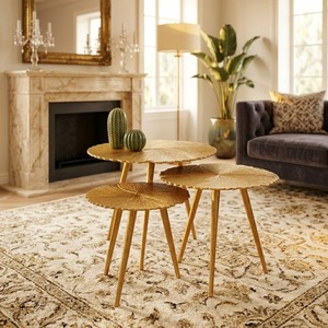Juego de Mesas de Centro Apilables con Diseño de Hojas Doradas, Estilo Moderno de Mediados de Siglo, Muebles para Sala de Estar con Estructura Metálica, Mesas Redondas - Product Image 2