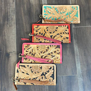 Cartera de Cuero Genuino con Diseño de Girasol y Turquesa, Hecha a Mano, con Cierre, Multiusos, para Damas, Tarjetero - Product Image 4