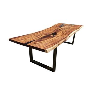 Table à manger rectangulaire en bois massif rustique éco-responsable faite à la main, design moderne, stable, 6 places, pieds en métal - Product Image 1