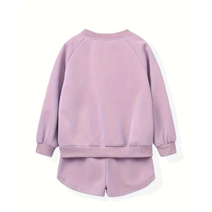 Ensemble sweat-shirt et short rose uni pour bébés filles, col rond, manches longues, décontracté, automne, ensemble de vêtements 2 pièces - Product Image 2