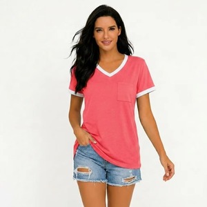 T-shirts personnalisés doux au toucher pour femmes, col en V, manches courtes, décontractés, coupe ajustée, respirants, unis, pour l'été - Product Image 2