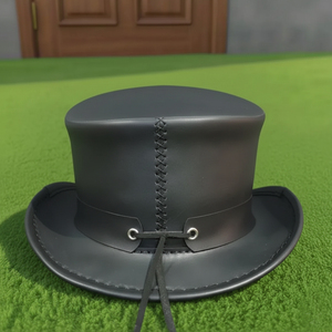 High Quality Custom made Handmade Black Leather Steampunk <b>Top</b> Hat Gothic Skull Cowboy Western Rocker Hat - Product Image 3