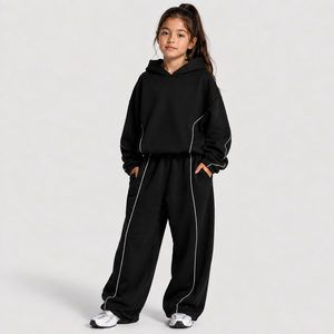 Pantalon de jogging décontracté surdimensionné noir à lignes contrastées pour filles, respirant, en molleton premium, vente en gros, OEM - Product Image 5