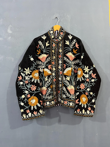 Handmade Black Velvet <b>Quilted</b> Short Jacket for Women Vintage Suzani Embroidered Coat Bohemian Gypsy Warm Cropped Jacket - Product Image 1
