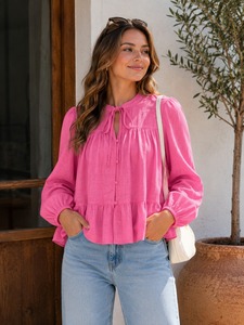 Women’s Pink Cotton Slub Lightweight Blouse Long Sleeve Tie Neck Button Front Top Casual <b>Boho</b> Summer <b>Shirt</b> Ladies Office Wear - Product Image 1