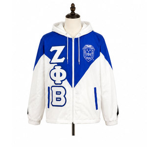เสื้อแจ็คเก็ตวาร์ซิตี้สำหรับผู้หญิง Zeta Phi Beta แบบมีซิปเต็มตัว มีฮู้ด พิมพ์ลายตัวอักษรสมาคมนักศึกษากรีก สีน้ำเงินขาว เสื้อกันลม - Product Image 2