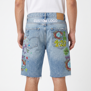 Custom Graffiti Printed Mid Waist Straight-leg <b>Jorts</b> Men's 100% Ring-Spun Cotton Denim Raw Edge Distressed Y2K Streetwear - Product Image 2