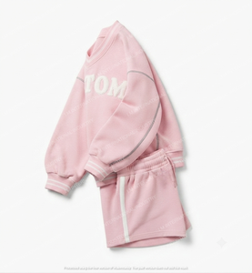 Conjunto de 2 Piezas para Mujer, Color Rosa, Suéter con Cuello en V y Pantalones Cortos por Encima de la Rodilla, Corte Holgado, Informal, Tejido de Algodón, Diseño Sólido, Transpirable y Ecológico - Product Image 2